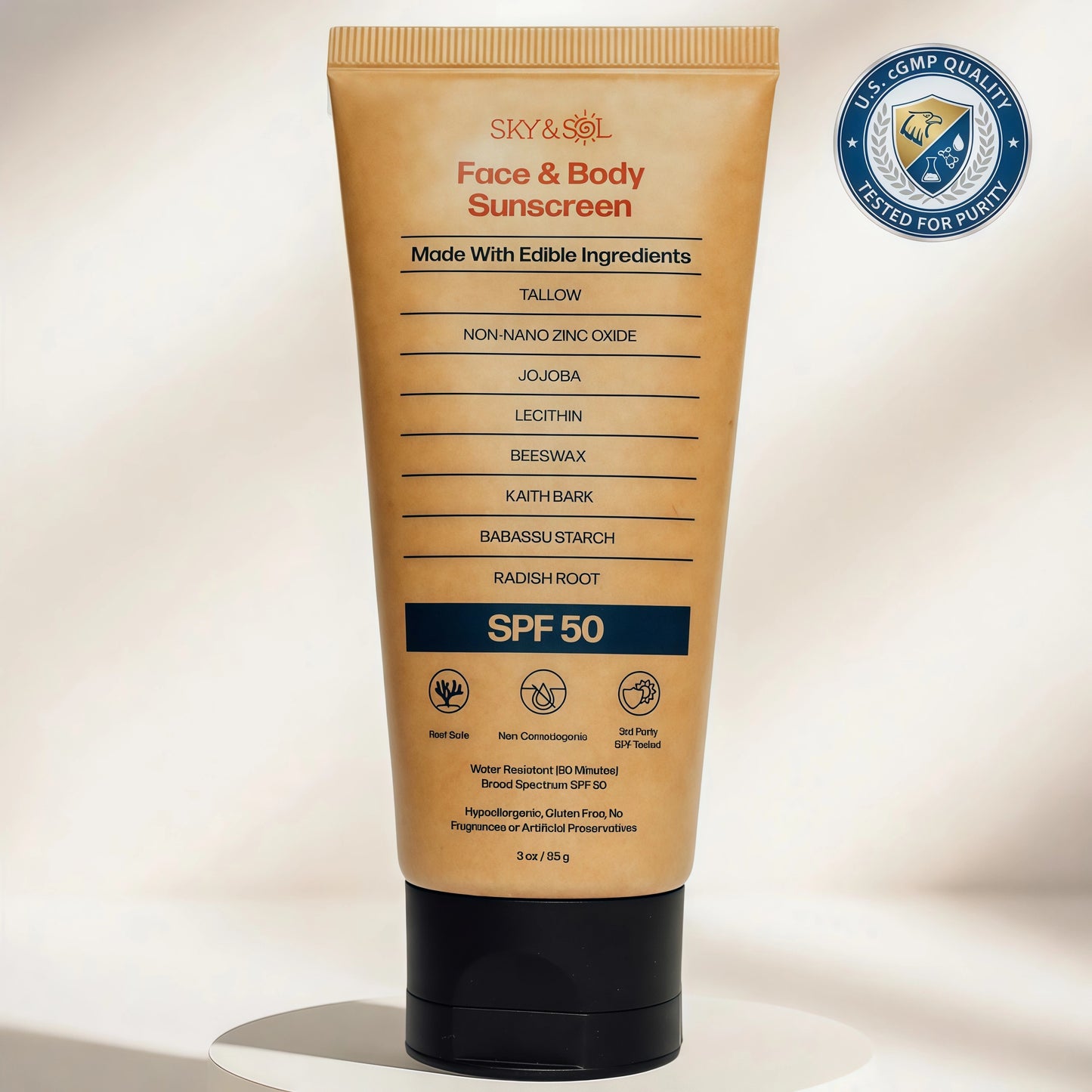 Sky and Sol Mineral Sunscreen SPF 50 | With Grass-Fed Tallow & Zinc Oxide | Non-Greasy Formula for Face & Body | Made Without Reef-Harming UV Filters | 3 oz (85 g)