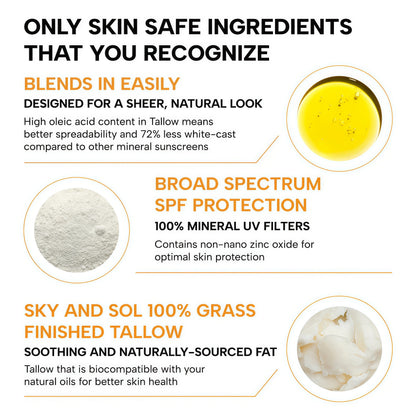 Sky and Sol Mineral Sunscreen SPF 50 | With Grass-Fed Tallow & Zinc Oxide | Non-Greasy Formula for Face & Body | Made Without Reef-Harming UV Filters | 3 oz (85 g)
